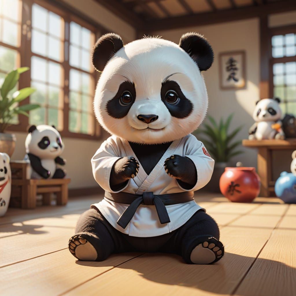 Digital art. Close-up. A baby panda wearing a karate gi practices a block in a sunny dojo. Cuddly, beautiful, Kawaii art style. Soft shapes,...