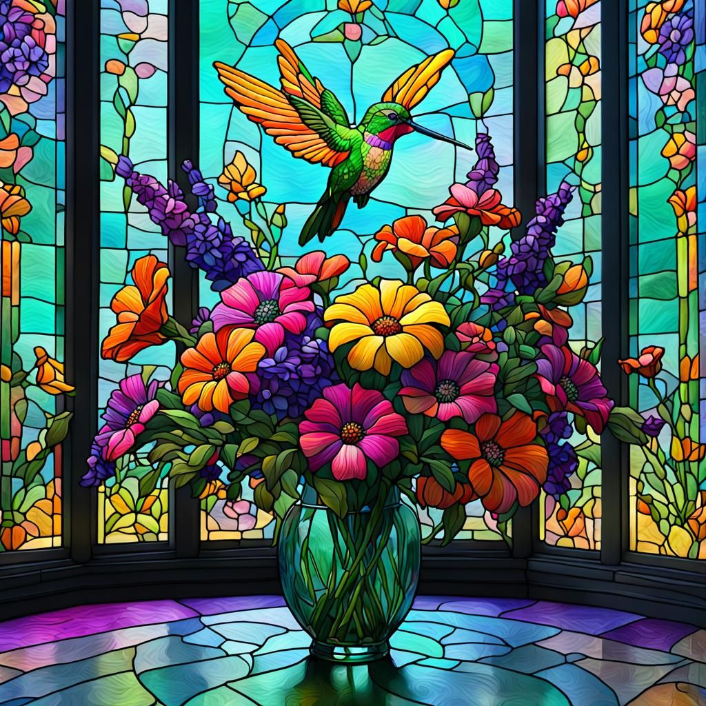 Stained Glass, Flower bouquet of green, pink, yellow, purple...