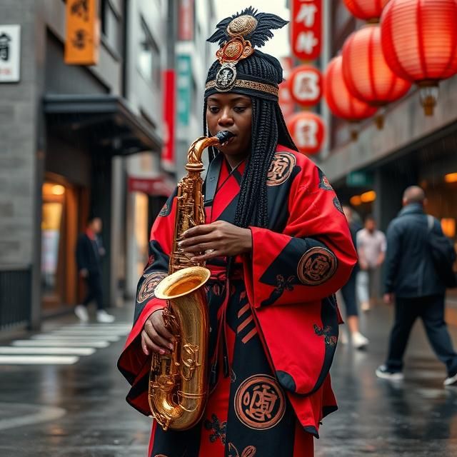 BLACK FEMALE SAMURAI SAXOPHONIST WITH BRAIDED HAIR DRESSED I...