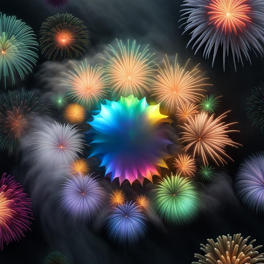 fireworks completely contained inside a single tall faceted ...