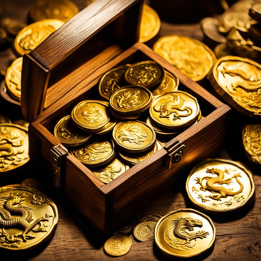 Ancient Gold Dragon Coins in Wooden Box