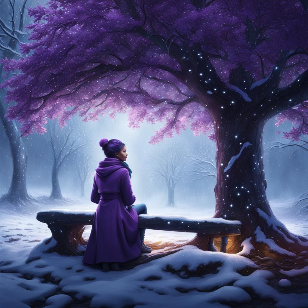 A petite teenager sitting under a tree during a snowstorm, s...