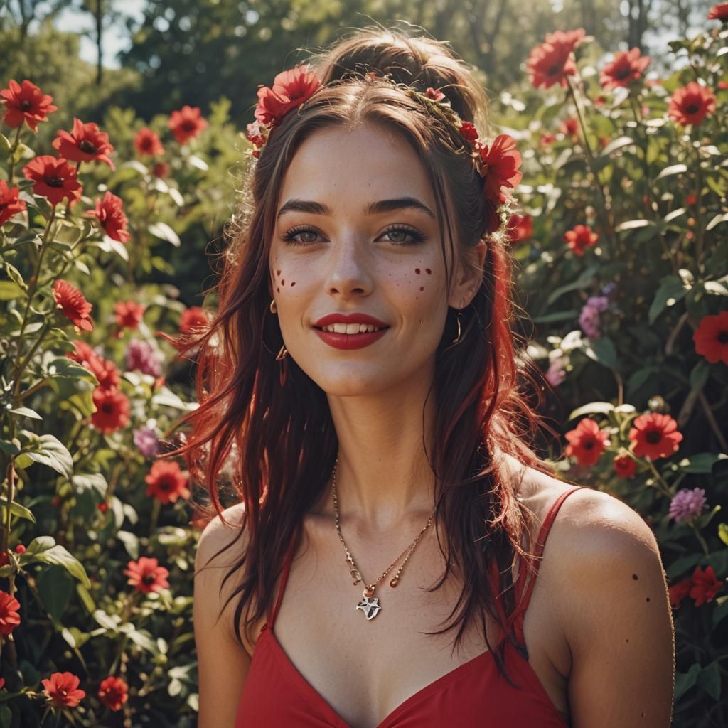 a beautiful young woman dressed in a redbikini,a necklace,bi...