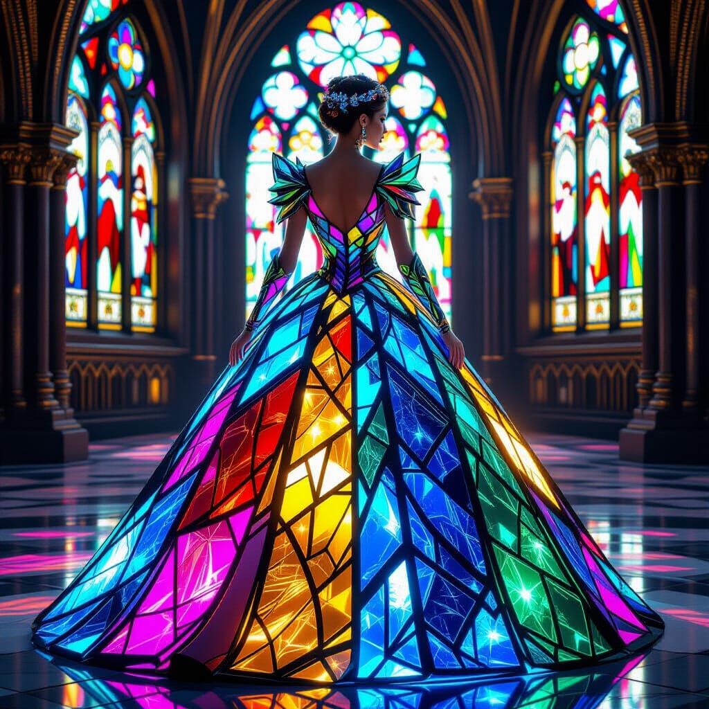 A gown inspired by stained glass cathedral windows
A futuristic dress made of glowing glass panels
A ...  by @JennaM