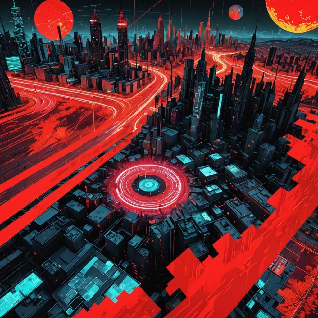 Dystopian post-apocalyptic pixelated neofuturistic look less...