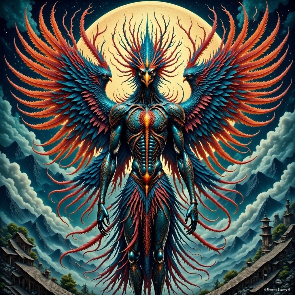 Humanoid bird man, tengu, full body <lora:Organic Armor V1:1.0> 