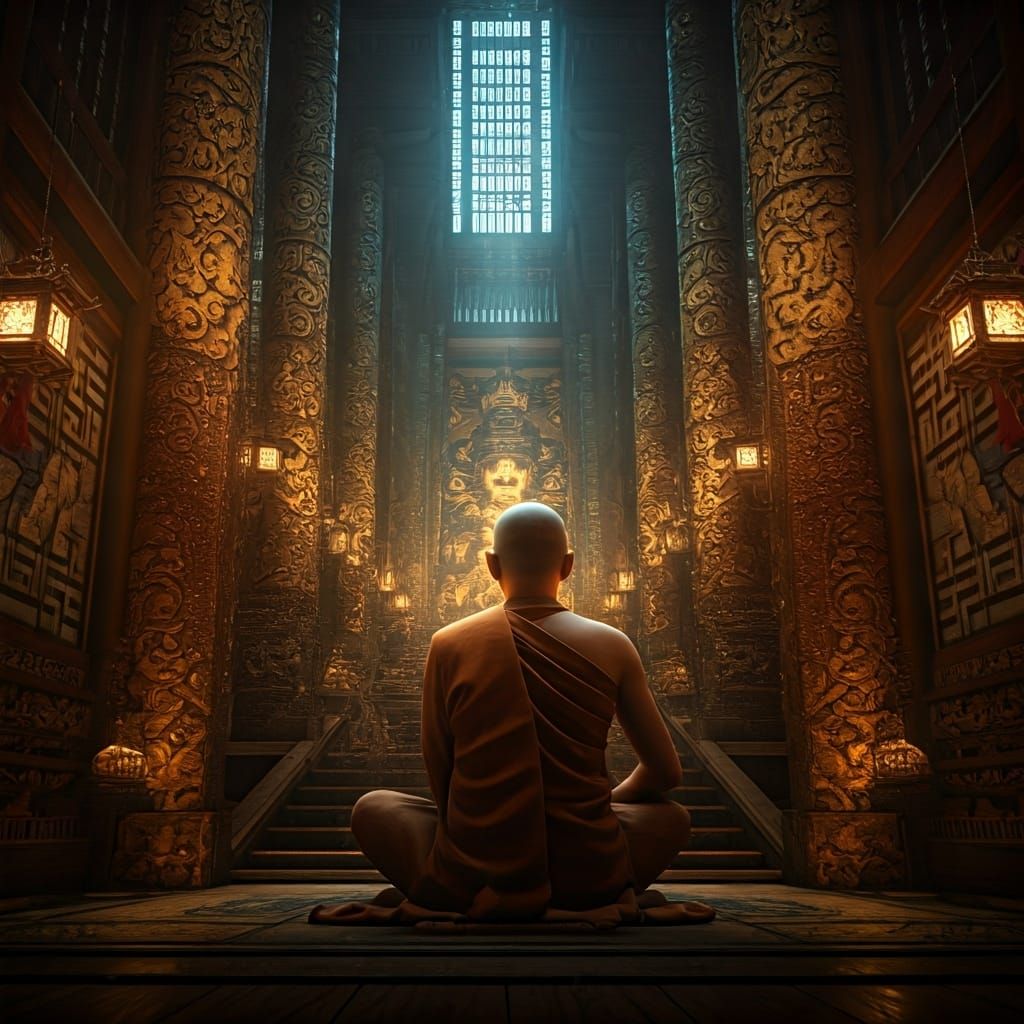 Serene Buddhist Monk Contemplation in Hyperrealistic Style