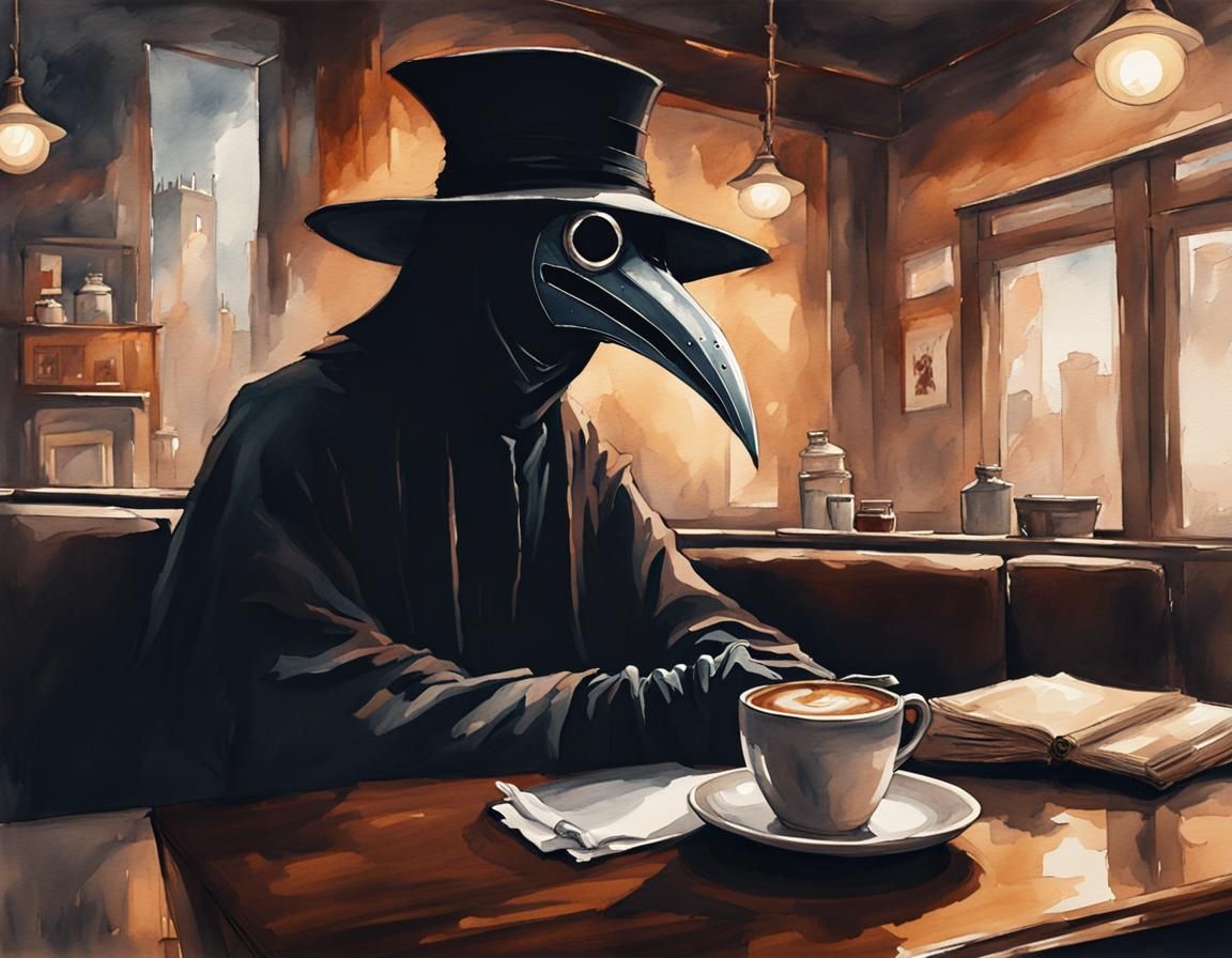 Plague Doctor Enjoying Coffee: Watercolor Painting