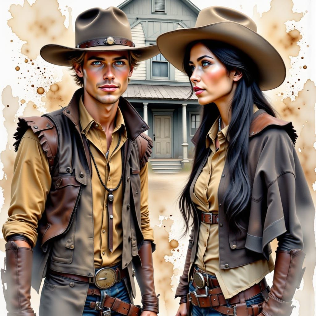 A handsome cowboy, blond, hazel eyes, and a gorgeous cowgirl, black hair, blue eyes, standing in front of a saloon, in an old Western Town.
...
