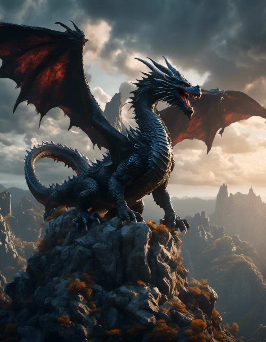 Angry black dragon perched on a cliff. <lora:Dragon Style:1.0> 