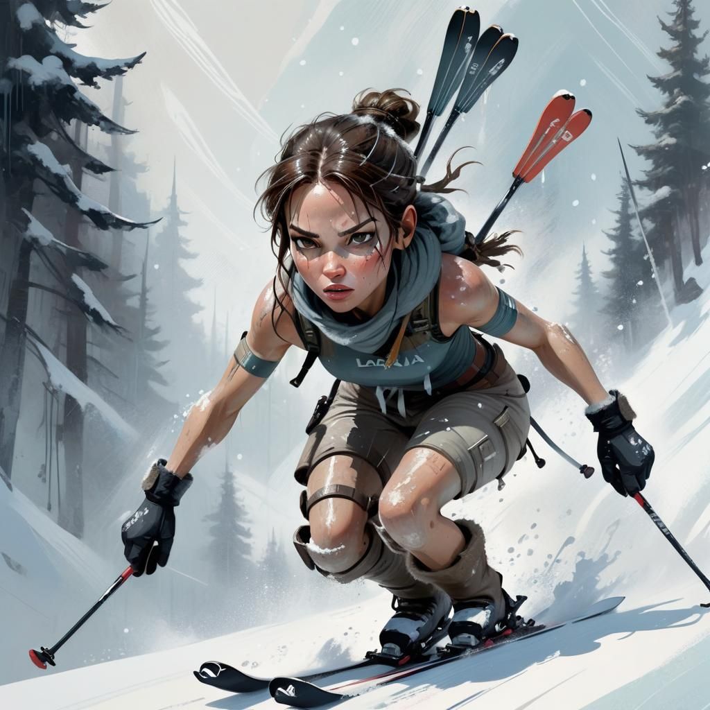 Lara Croft captured mid-skiing, even the cold cannot stop her - AI  Generated Artwork - NightCafe Creator