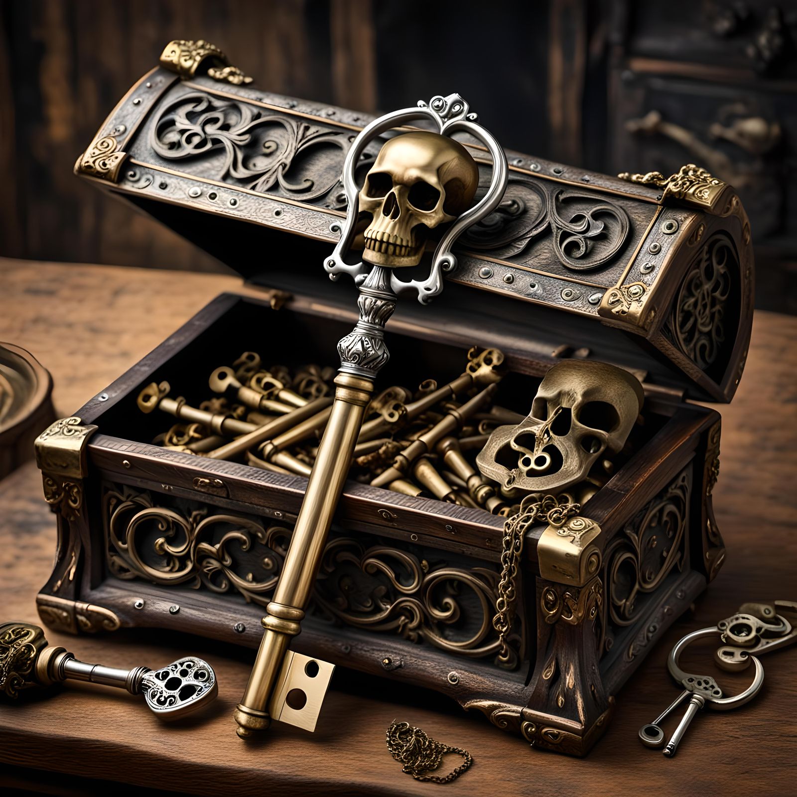 An ornate haunted brass skeleton key and a silver bullet in an old