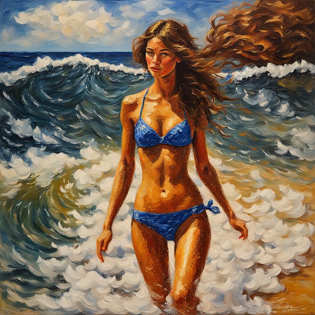 Bikini Model in Oil Painting with Impasto Waves