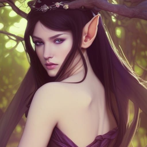 beautiful young elf princess by a tree. moonlight. she is fi...
