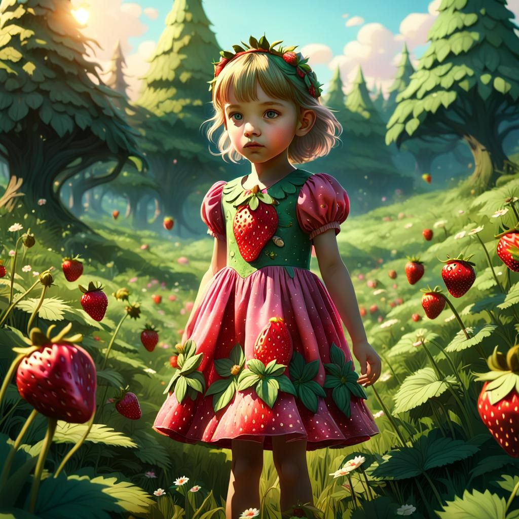 Strawberry Child in Lush Meadow, Art Nouveau Style