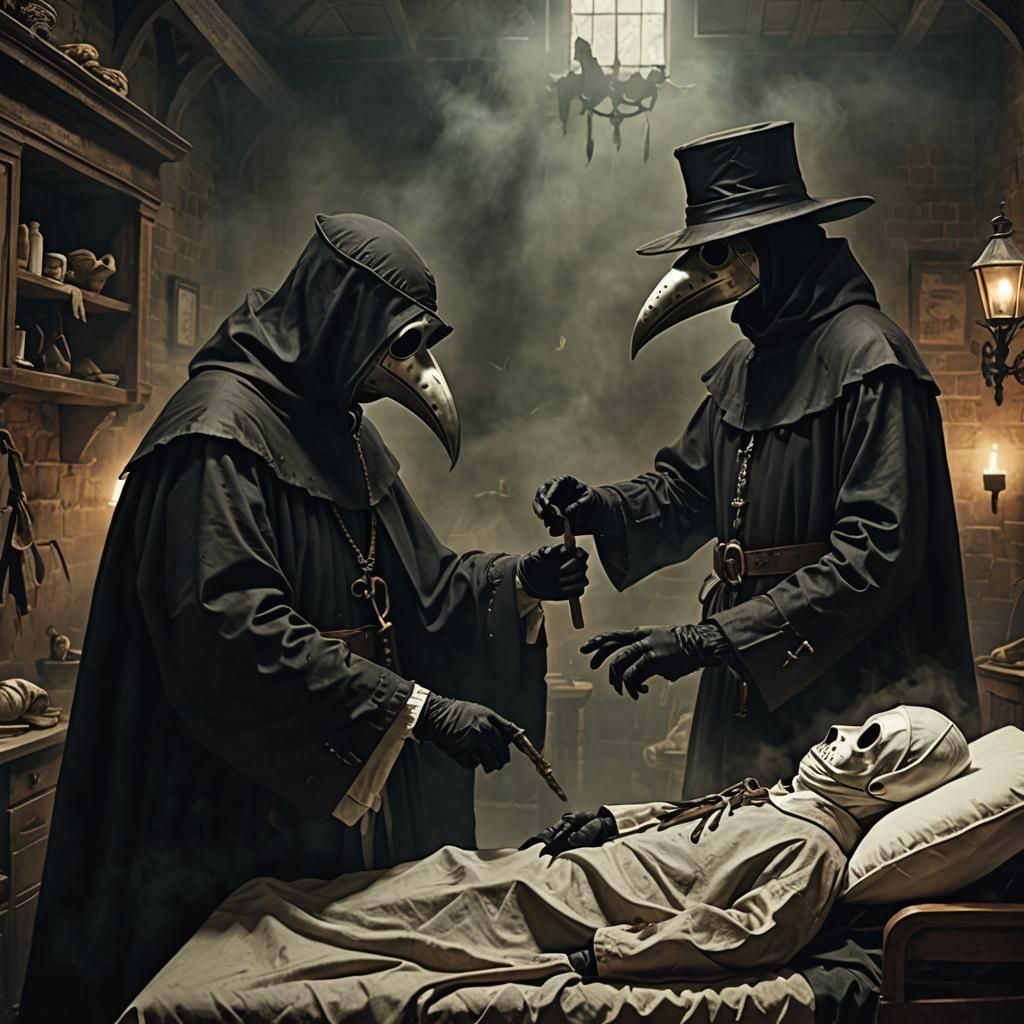 "Create a haunting portrayal of a plague doctor ministering ...