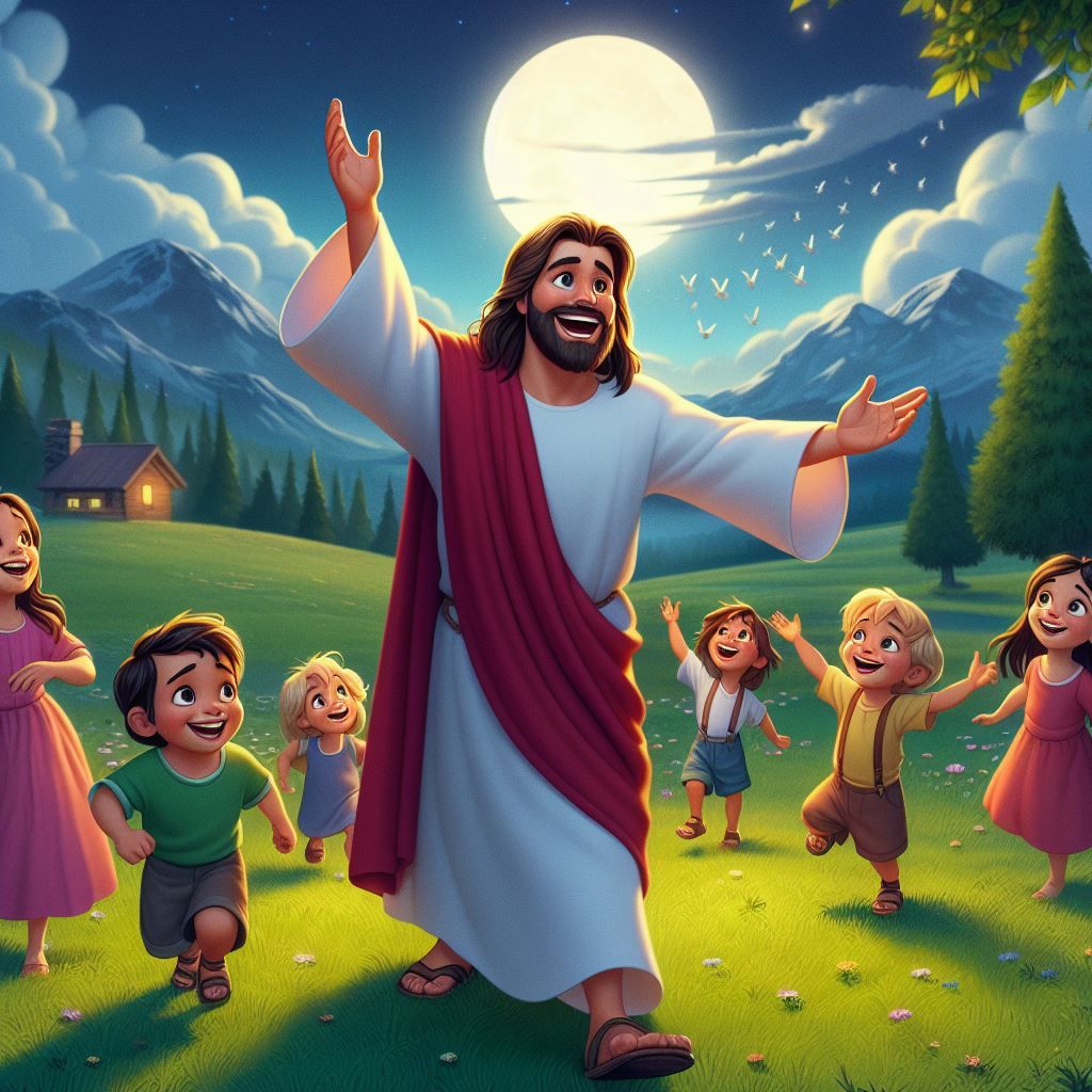 Joyful Jesus Christ and children around Him on a meadow in P...