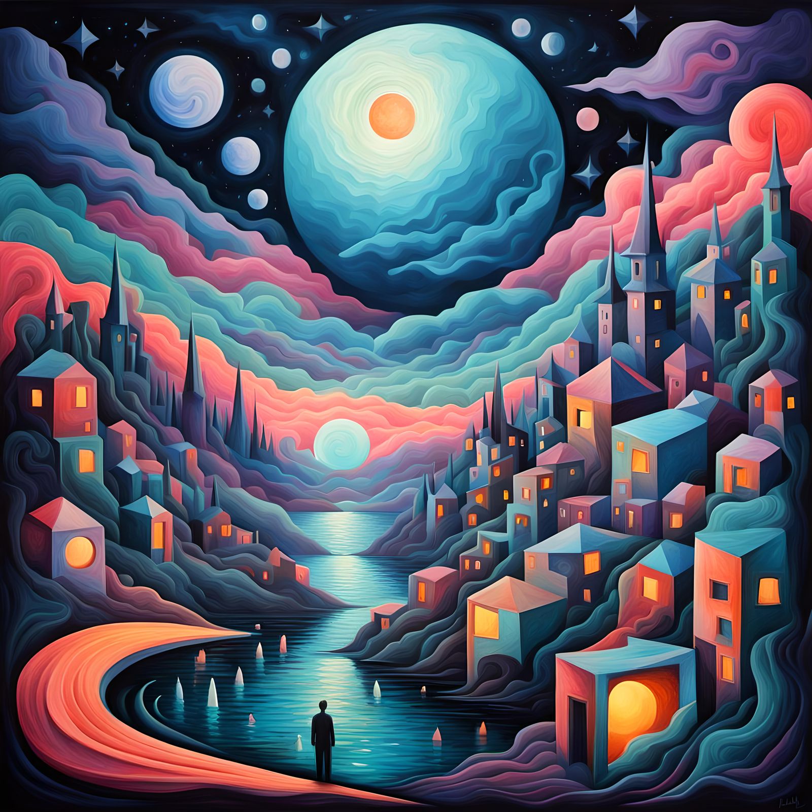 Surreal Cubist Dreamscape Beautiful Eldritch Haunting Forsaken Neon Twilight Moon