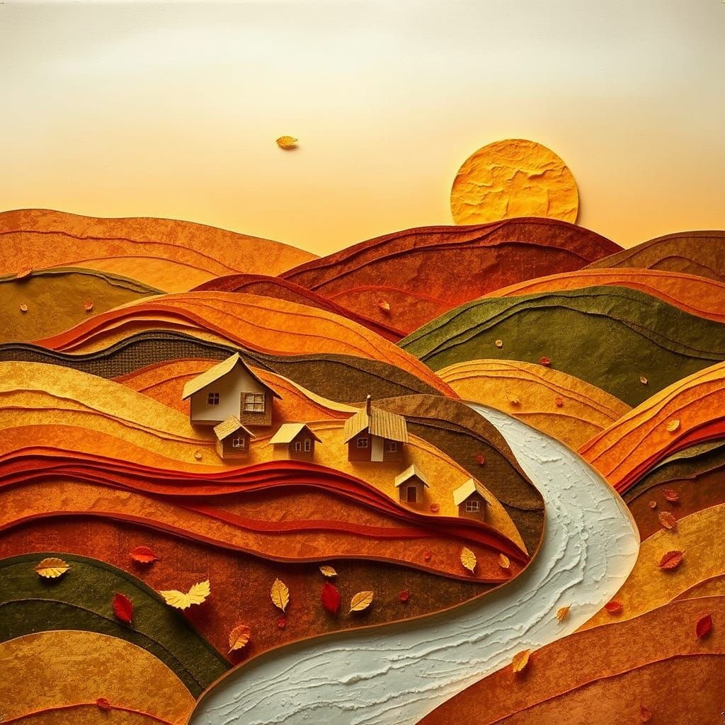 Golden Autumn Village in Layered Papercraft Style