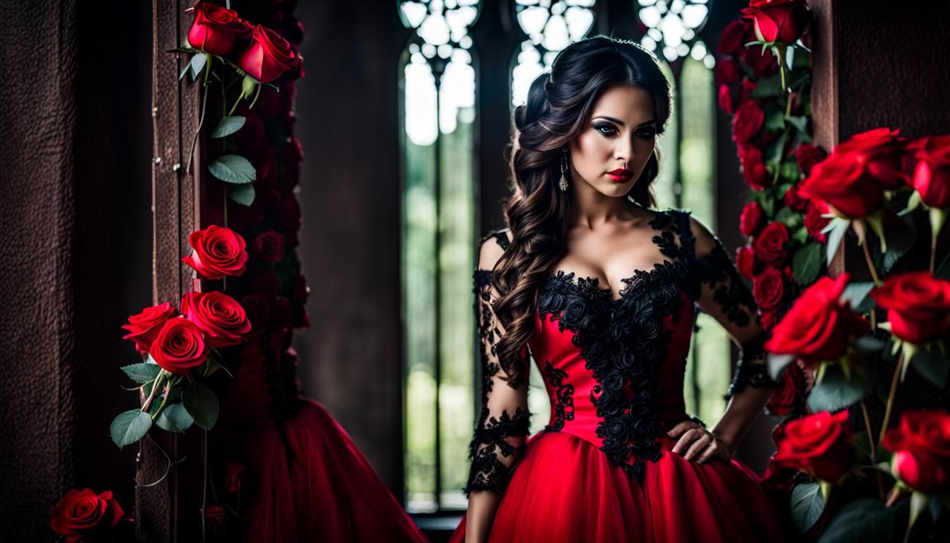 Gothic Beauty in Red and Black Rose Dress