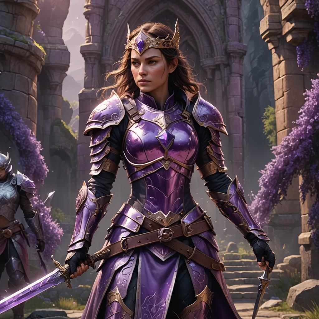 rebecca in amethyst battle armor at the ready holding her sw...