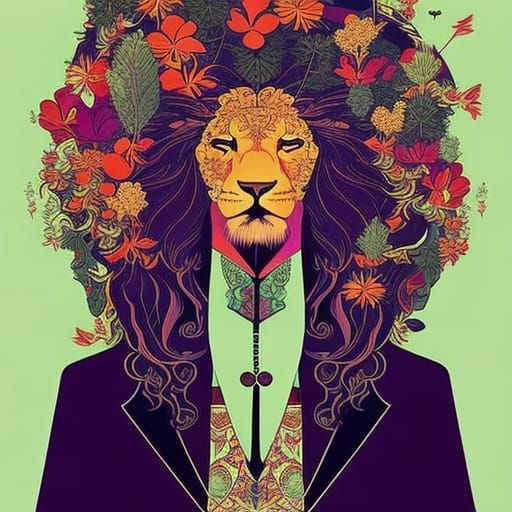 Beautiful handsome cute front portrait Lion , big long curly...