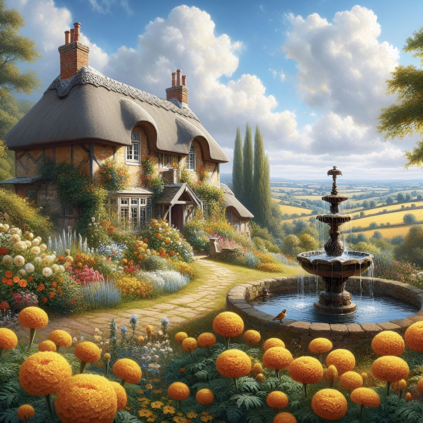 Thatched cottage - marigolds and wildflowers (water fountain...