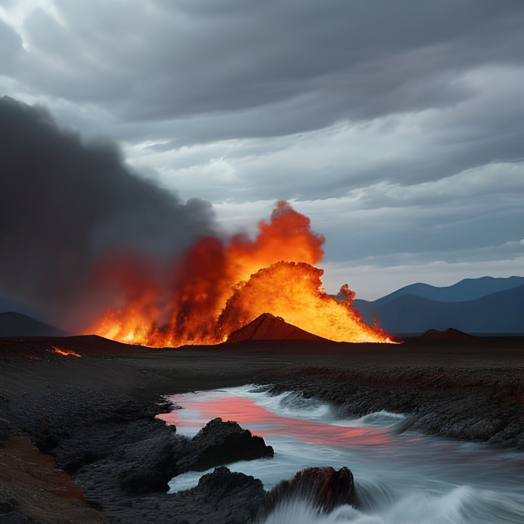 Fiery Stormy Seascape with Towering Mountains