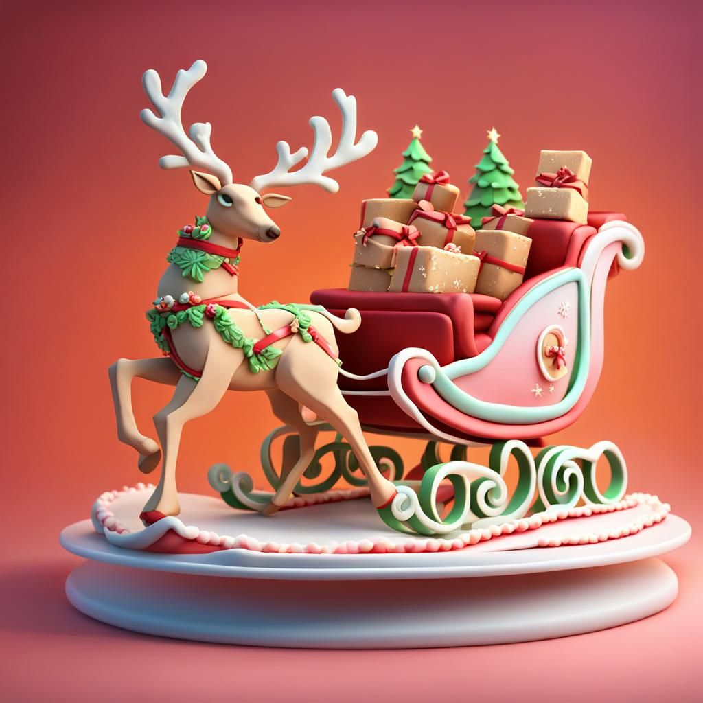 Festive Wedding Cake with Reindeer Sleigh: 3D Digital Art