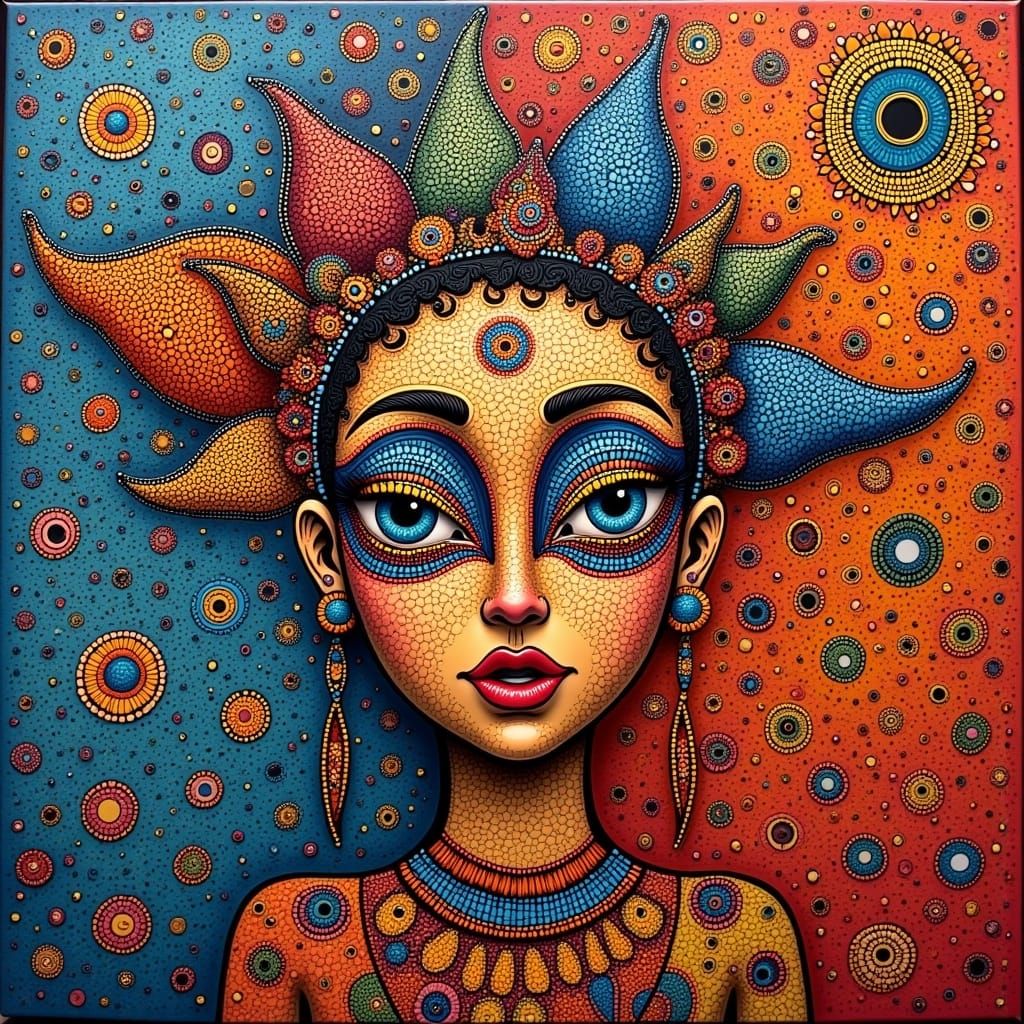 <lora:MIXED EMOTIONS:1.0> portrait, lady gaga, Surreal Maximalist ABORIGINAL folk-art, cluttered zentangle oil on canvas painting