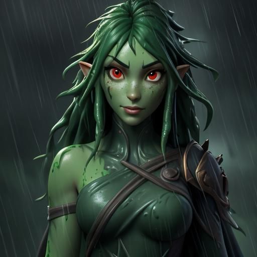 scruffy, green painted skin, plant girl, teen, bright eyes, red eyes, high contrast, slime covered, rain, ...  by @Macbeth