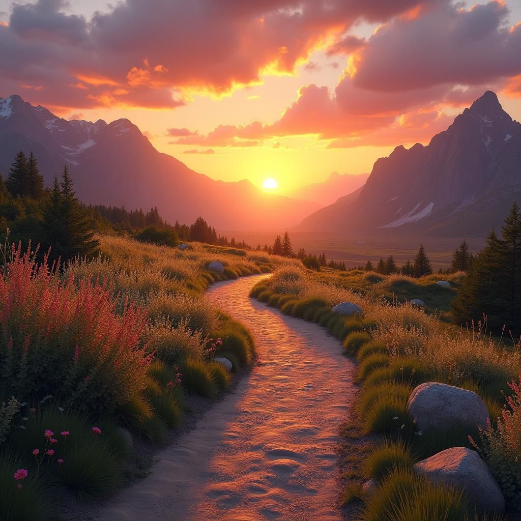 A breathtaking sunrise or sunset with warm, vibrant hues of orange, pink, and purple, illuminating a winding path that disappears into a stu...