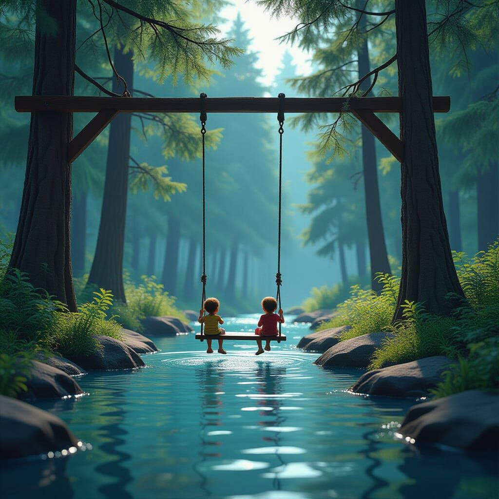 Children Swinging by River in Dense Forest