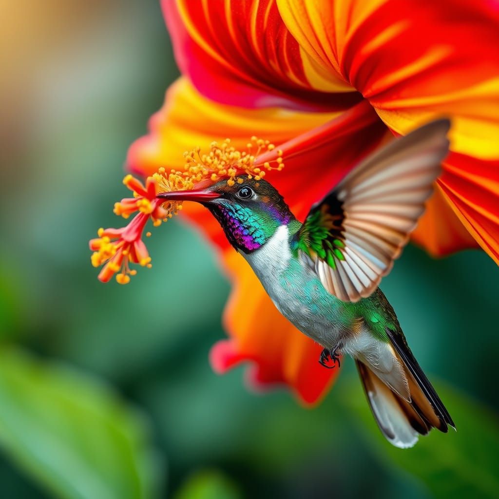 Alcohol Ink. Close-up shot. A tiny, iridescent hummingbird sips nectar from a vibrant hibiscus flower ...  by @Ed Evans