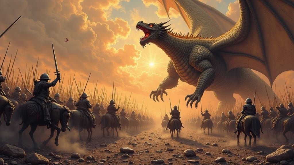 A dramatic battle scene depicting a clash between knights and dragons. The knights are clad in shining armor, and their swords are raised in...