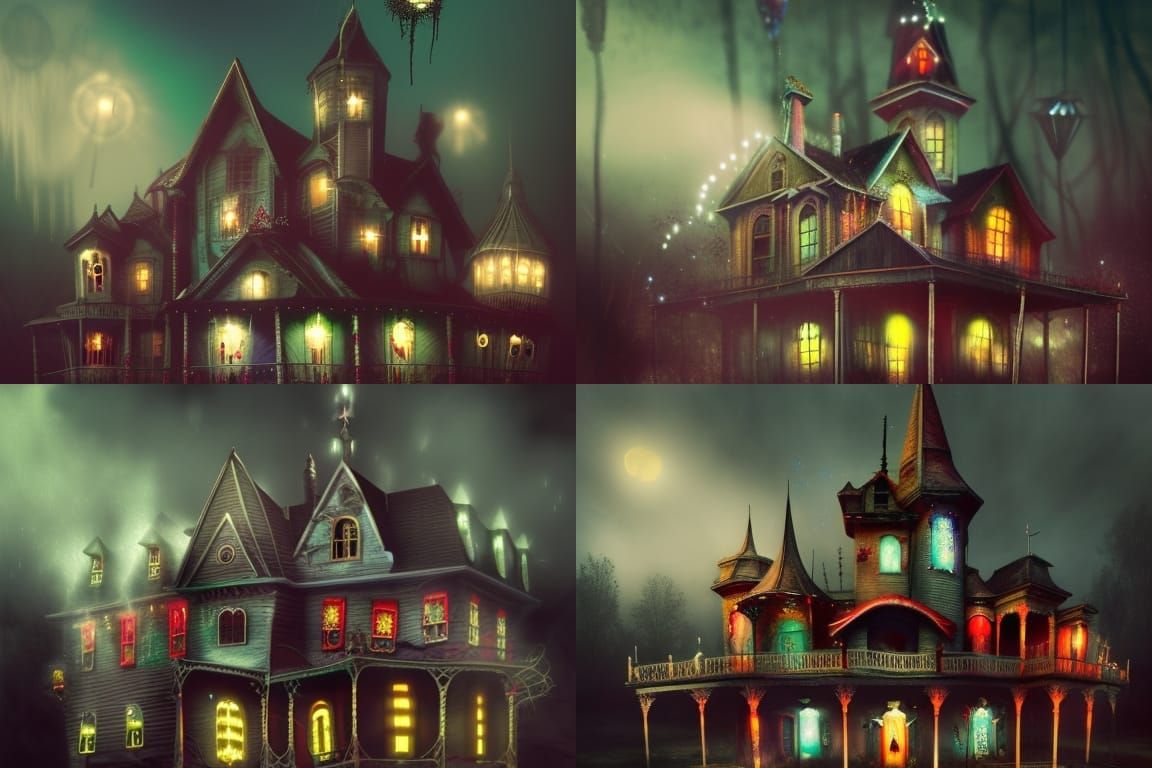 Michal karcz carnival haunted house, dark ride string lights, grunge