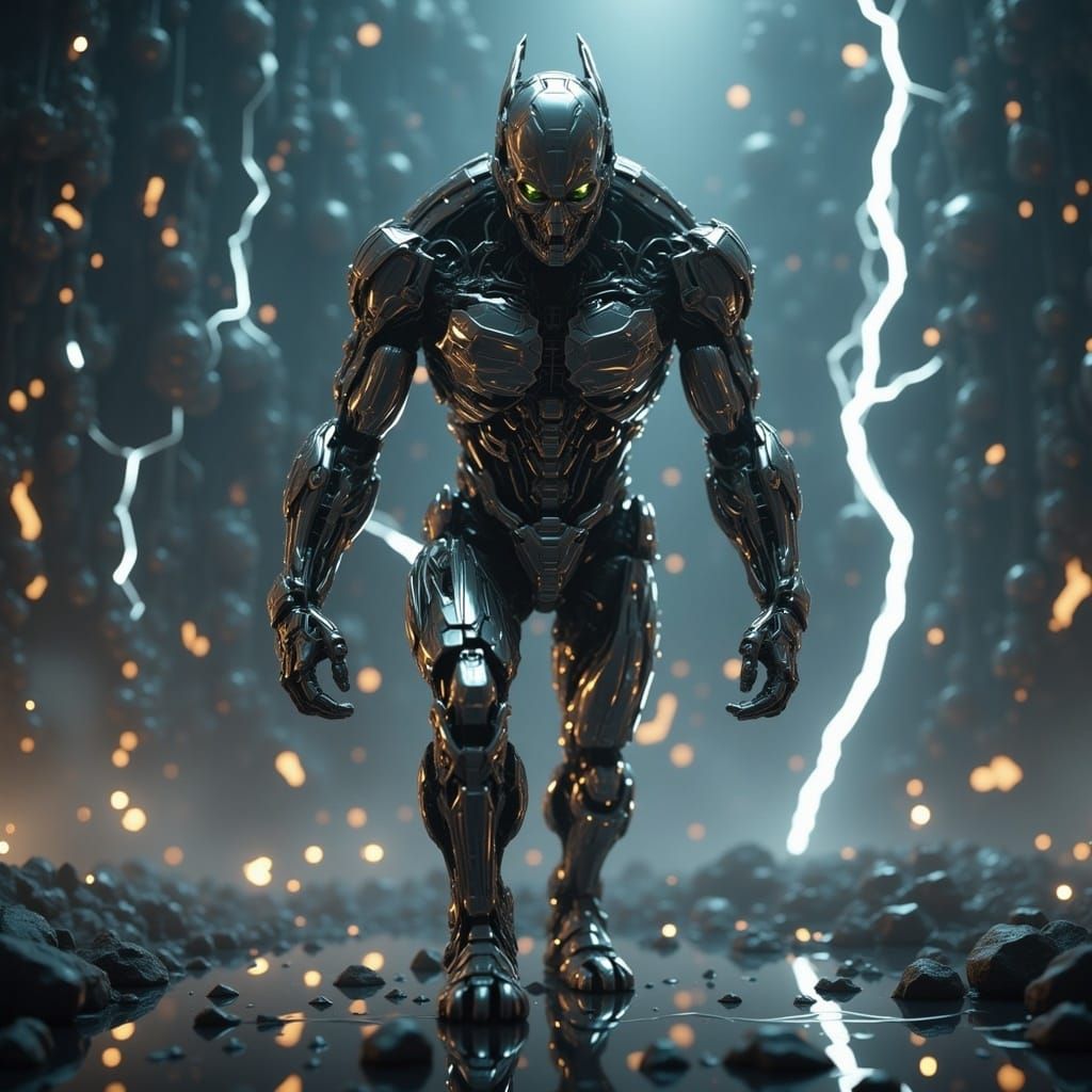 <lora:Mechanical Mesh:1.0> Close-up of cyborg walking fiercely, lightning cascading down all around, sinister atmosphere background 