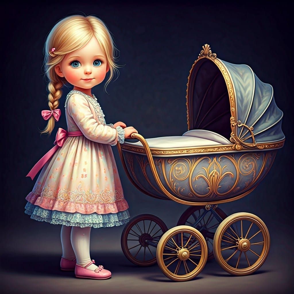 Gentle Girl with Soft Blonde Braid and Pink Dress Plays with...