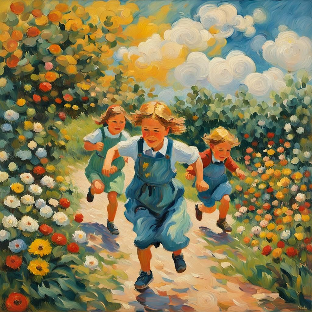 Children Playing: Neo-Expressionist Oil Painting