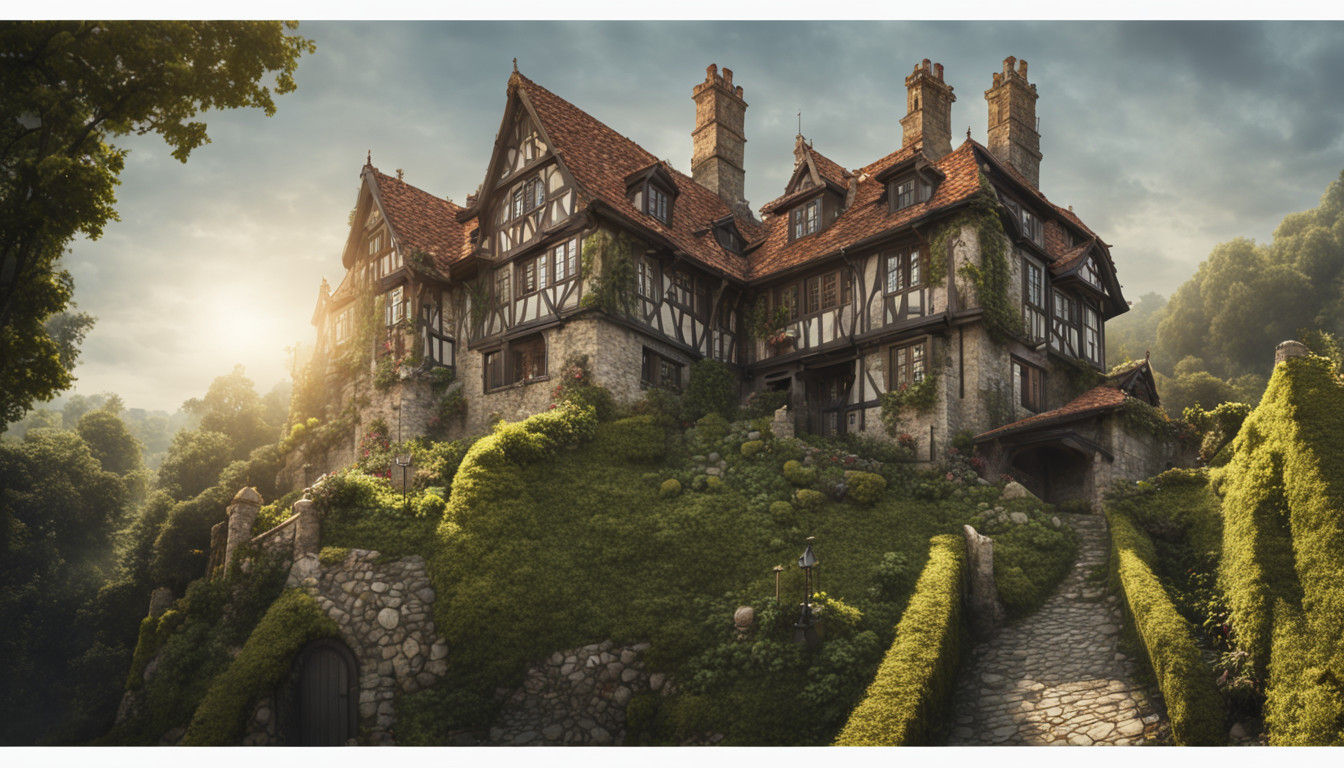 Realistic panoramic photography of A medieval-style house, English color,  but with more contemporary additions, set away from the village o...