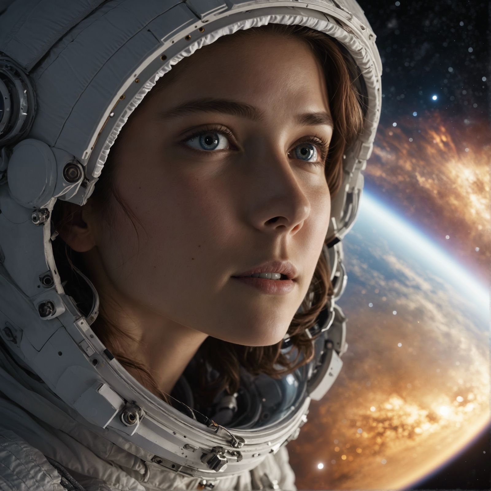 A young  female astronaut on a spacewalk, with the galaxy around her and reflected in her eyes.