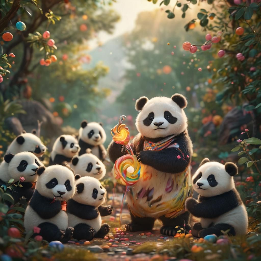 Panda Gang in Candy Art Style Landscape