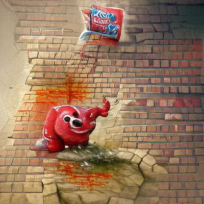 The kool-aid mascot smashing through a brick wall.