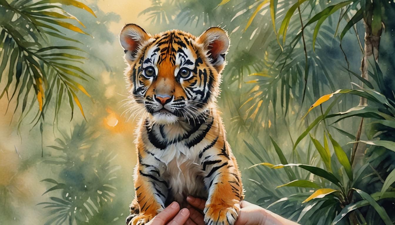 Watercolor Bengal Tiger Cub in Palm