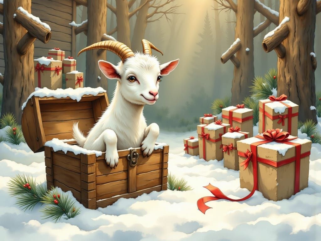 Goat Jumps From Christmas Gift Chest in Winter Scene