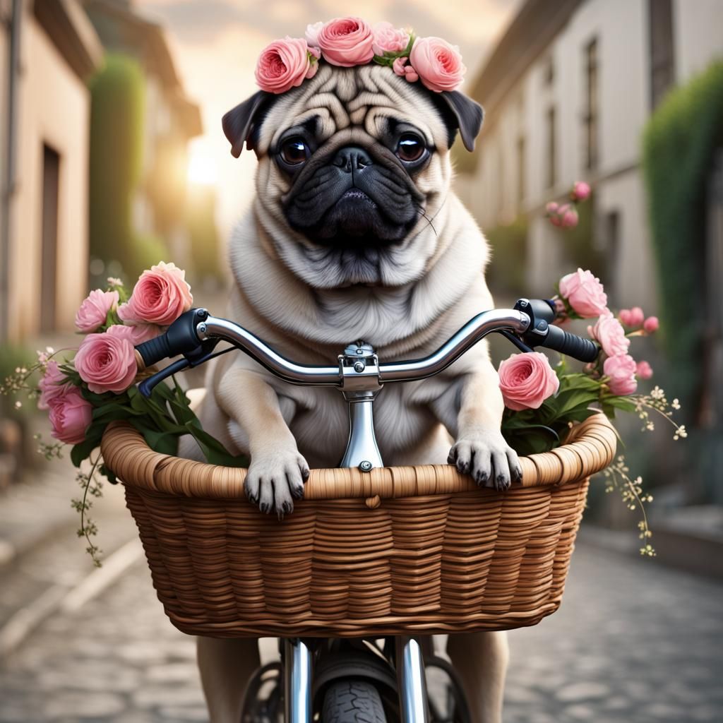 Cute little pug riding in a basket on the front of a bike.  by @Suz