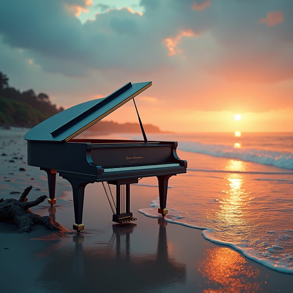 Grand Piano on a Mystical Beach at Dawn