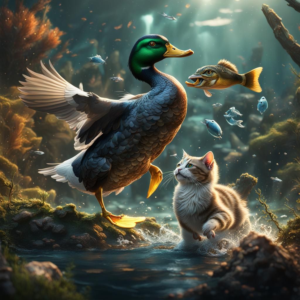 Duck and cat fight with fish