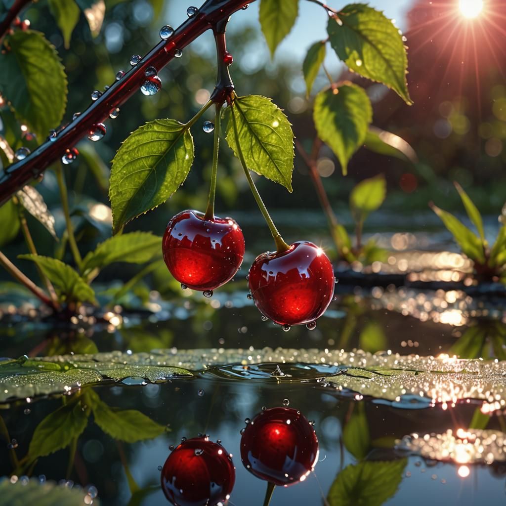 Cherries over a pond  by @AdvanceBegginerAIGenerator