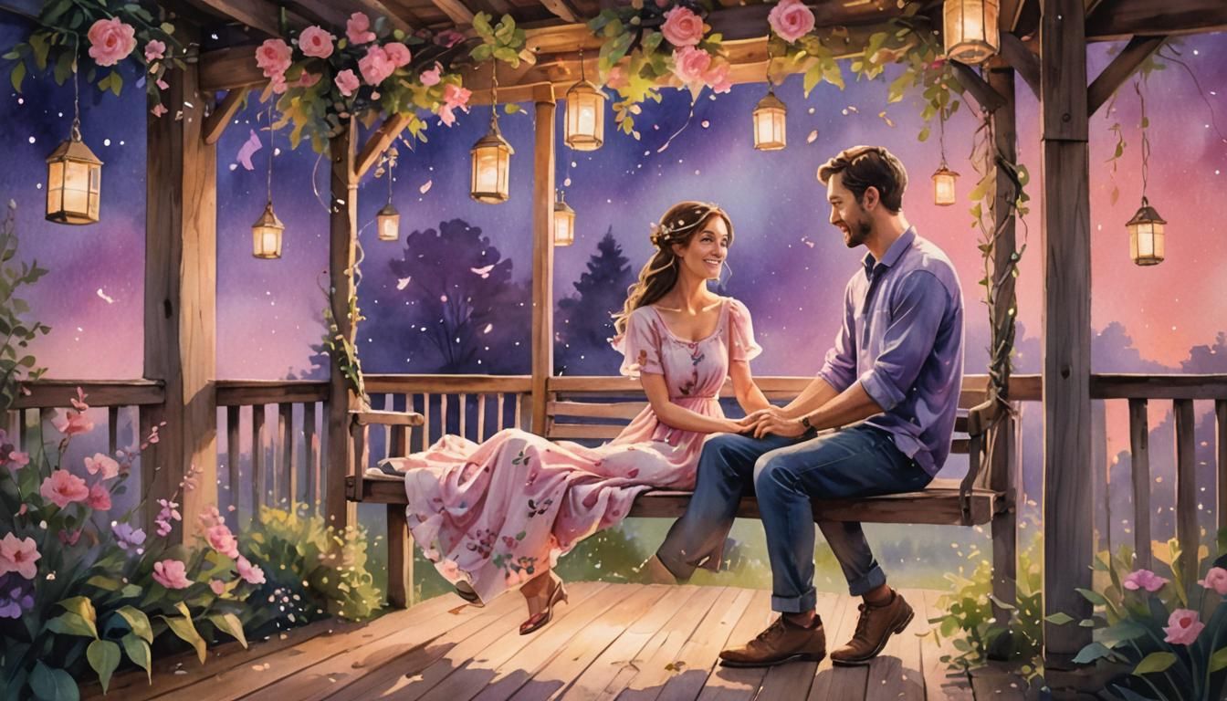 A romantic twilight scene unfolds on a rustic wooden porch, ...
